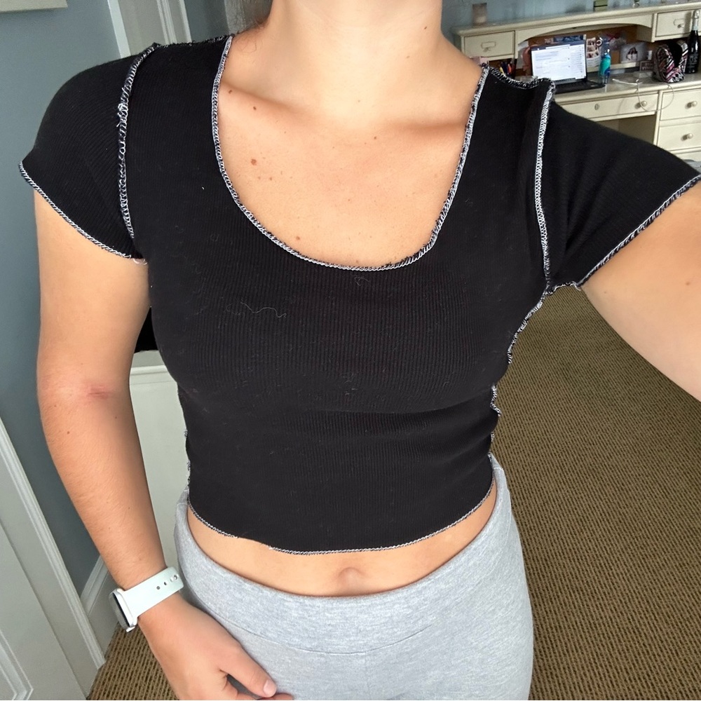 Black Brandy Melville Short Sleeve Top with White Stitching